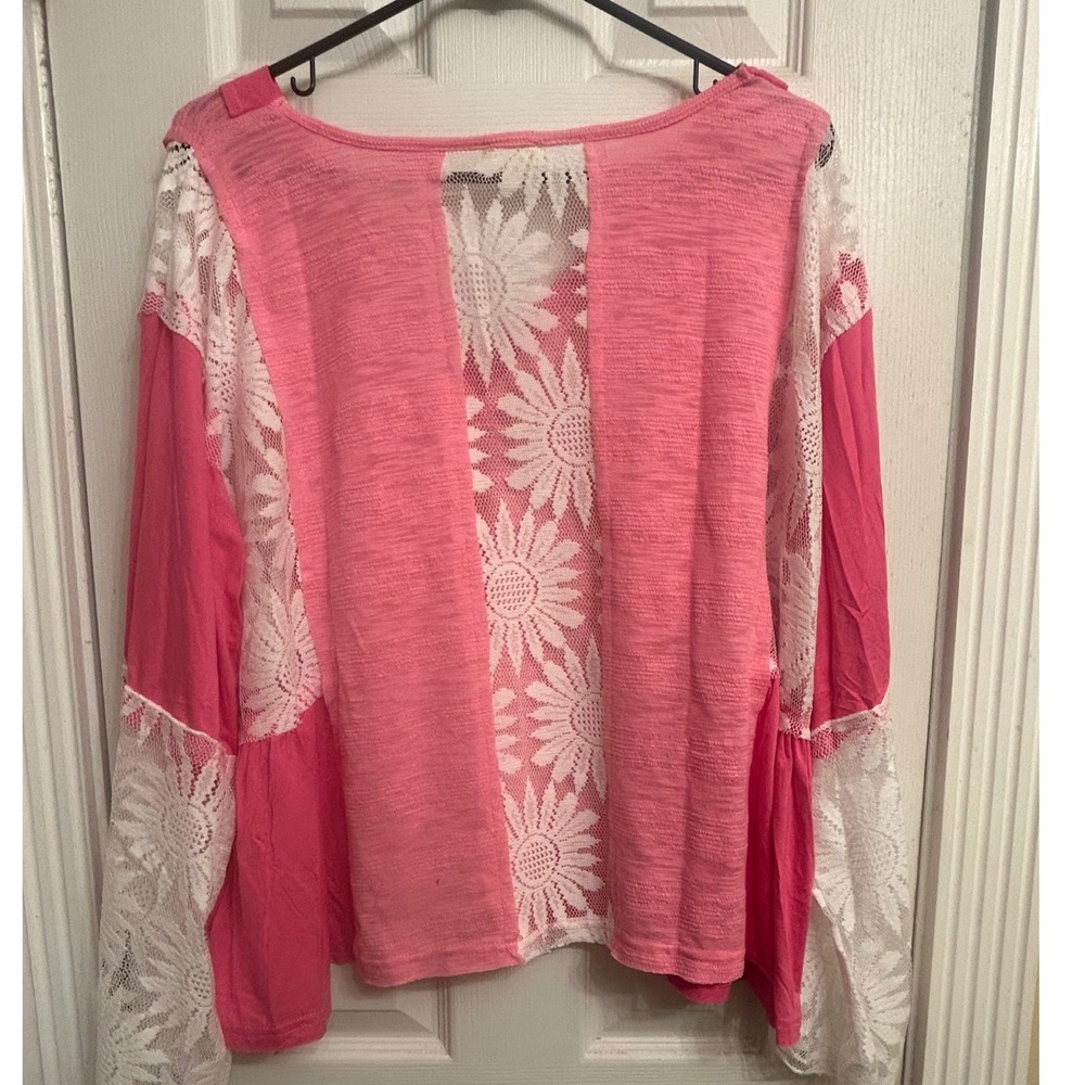 POL Pink Lace Crochet Long Sleeve V-Neck Top YKT1111 Pink White Floral Boho Lg - Picture 2 of 6